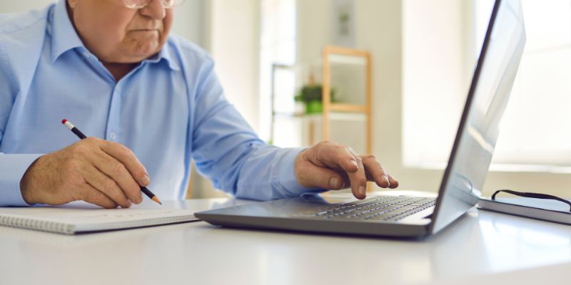 The old man is researching to determine if he can still collect a pension while receiving disability benefits.