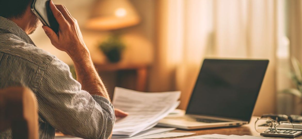 Man participating in his Social Security disability hearing over phone from home office surrounded by medical documents