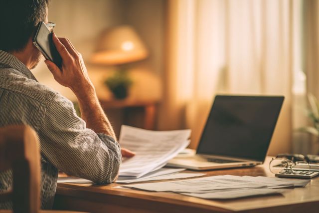 Man participating in his Social Security disability hearing over phone from home office surrounded by medical documents